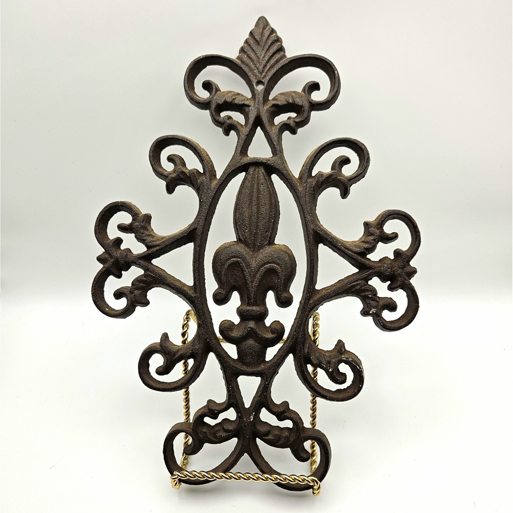 Cast Iron Fleur-de-Lis Scrollwork Wall Plaque Brown Rustic Old World